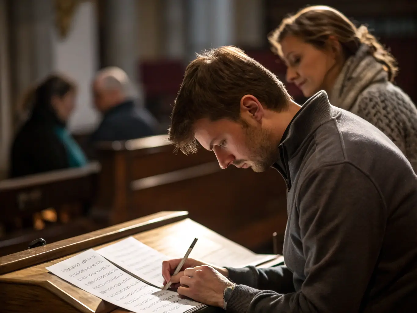 A photograph of musicians transcribing historical musical scores, highlighting the meticulous work involved in preserving ancient musical compositions.