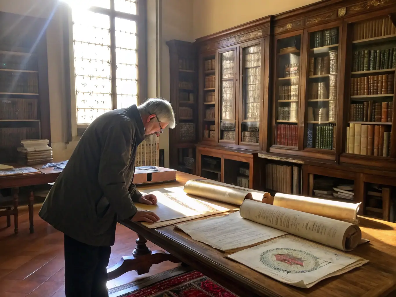 A detailed image of researchers examining ancient musical scores in a library setting, emphasizing ANDEOL's commitment to historical research and preservation.