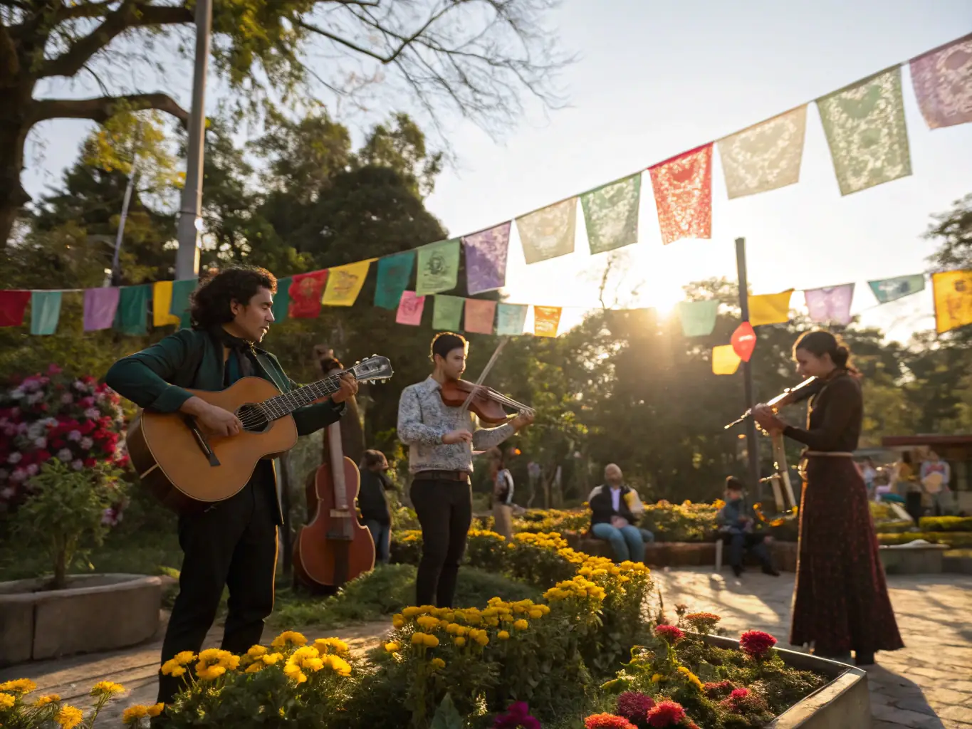 A vibrant image of an educational outreach event, showcasing children and adults engaging with early musical instruments and learning about ancient music traditions.